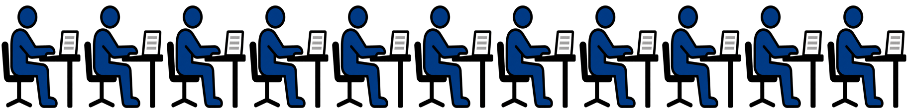 A row of eleven clerks, each typing one task in by hand